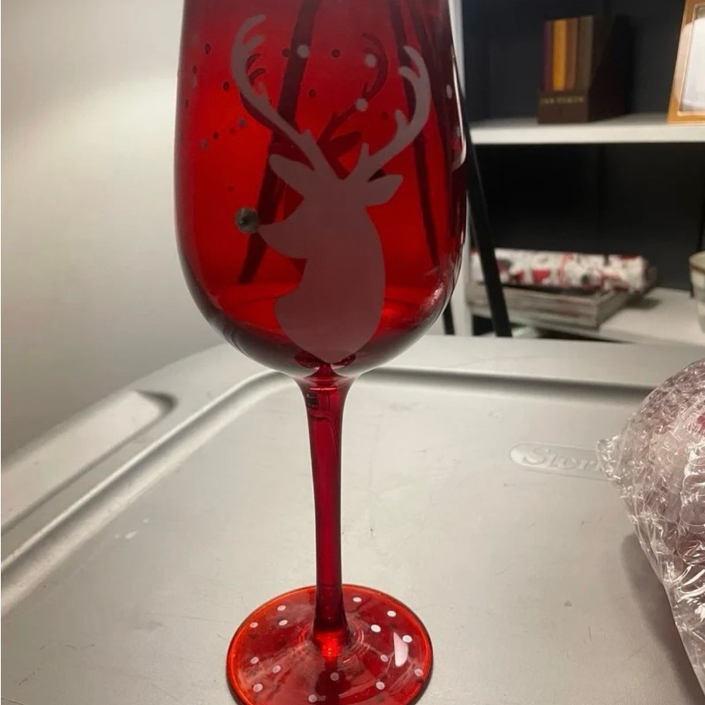 Christmas Long Stem Wine Glasses Reindeer Red Holiday Set 2 Holiday Home Decor.